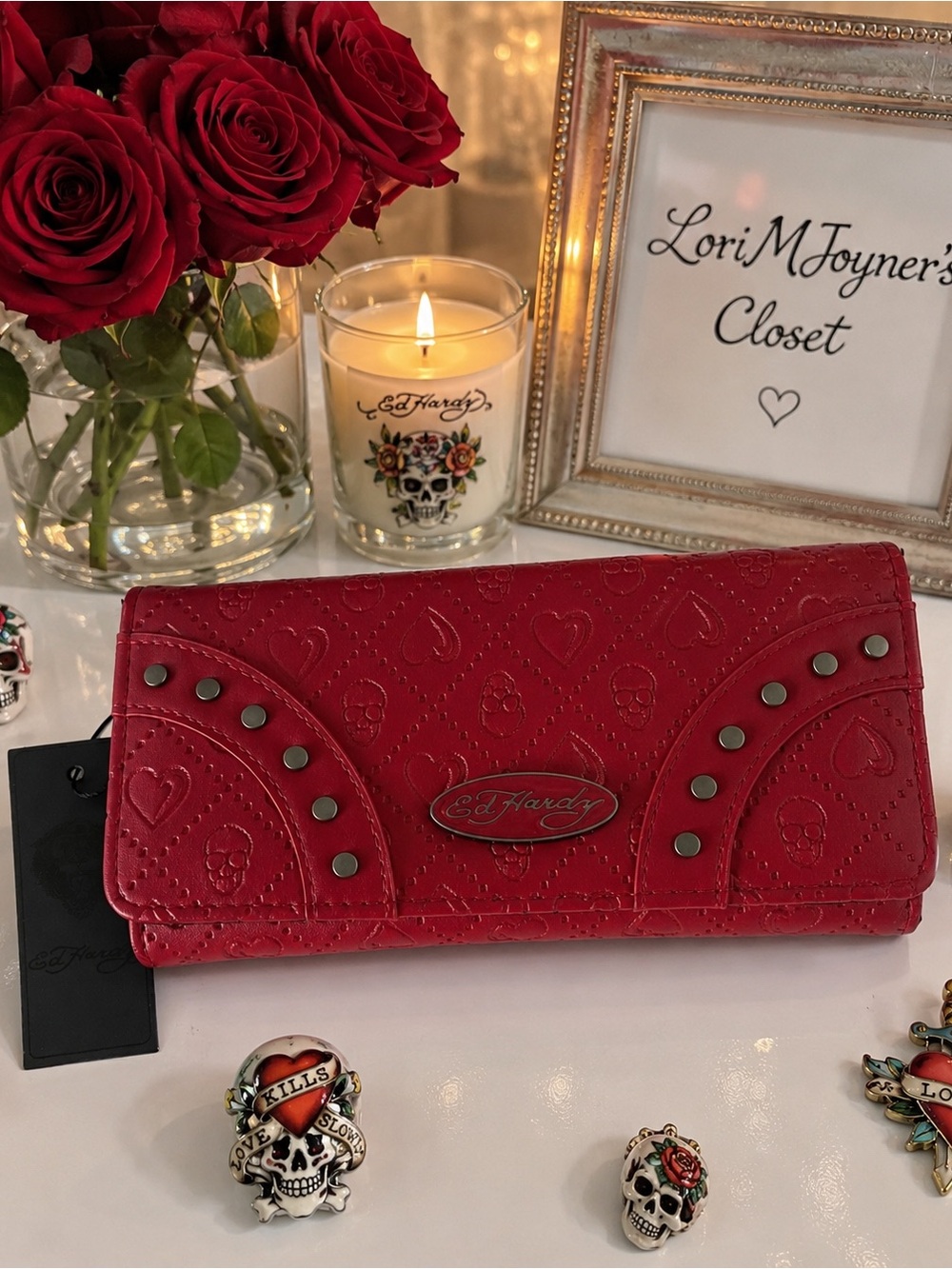 NWT - Ed Hardy Red Embossed Heart & Skull Studded Wallet faux vegan leather.